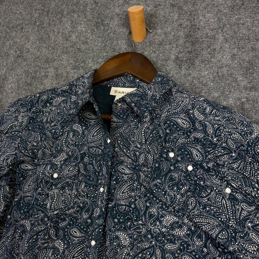 Ariat Western Shirt Womens Medium Blue Paisley Pearl Snap Long Sleeve Cotton